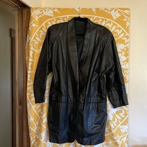 Black genuine leather 3/4 length coat.